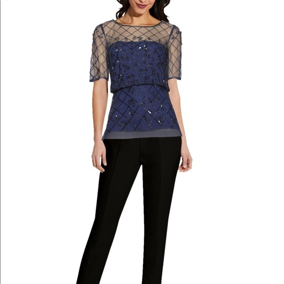 Adrianna Papell Navy Blouson Beaded Top - Picture 3 of 6